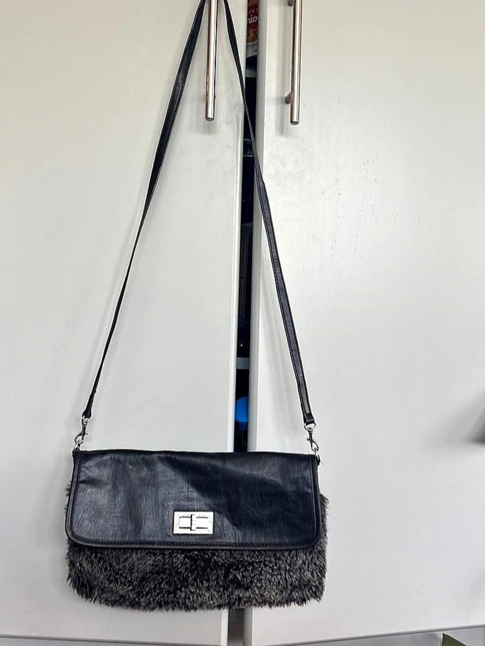 Guess Faux Fur Trim Shoulder Bag in Black & Gray